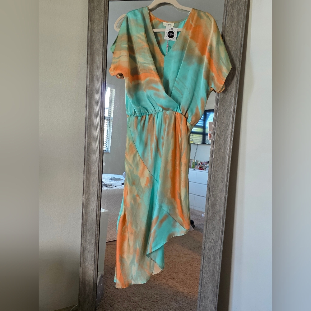 Vibrant Asymmetrical Wrap Dress in Orange and Teal